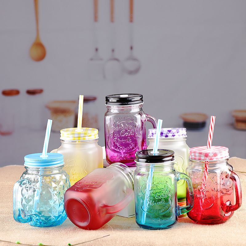 manufacturer cock cup handle cup mason cup transparent thickened glass can be printed logo with lid juice drink cup