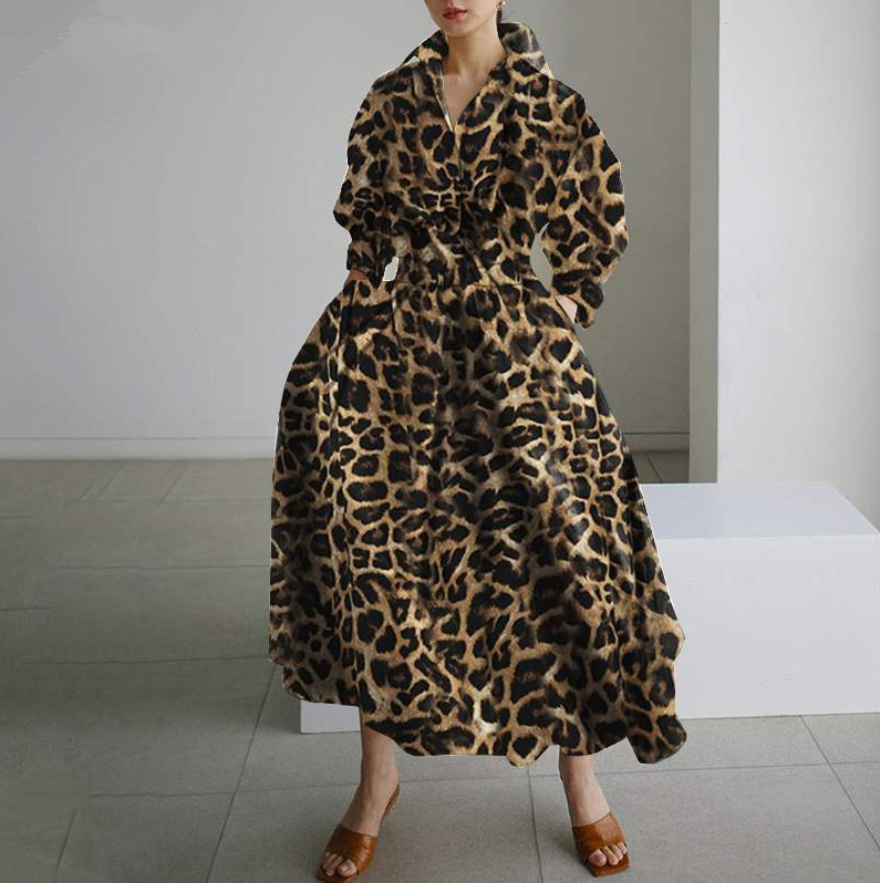2022 New Amazon Chiffon Print Loose Elastic High Waist Slimming Elegant College Style Cardigan Dress