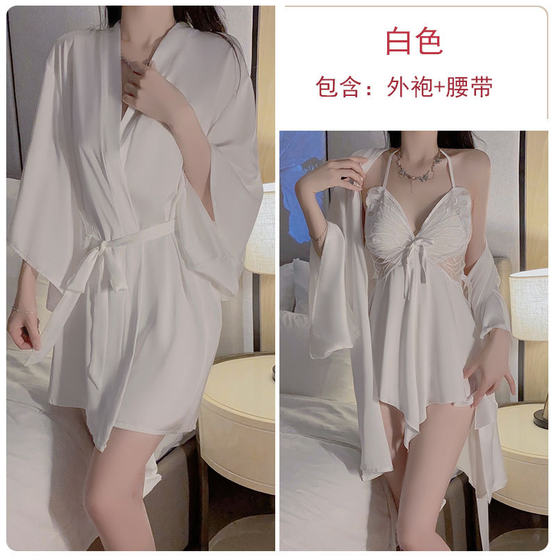 Ruoruo Sexy Underwear Ice Silk Pajamas with Chest Pad Push up Bow Nightdress Outerwear Gown Homewear Suit P3945