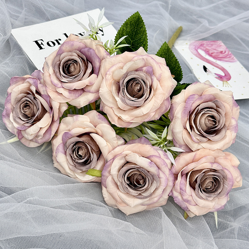 Wedding Series 7-Head Diamond Artificial Rose Wedding Flower Arrangement Venue Props Fake Flower Decoration Juanhua Wholesale