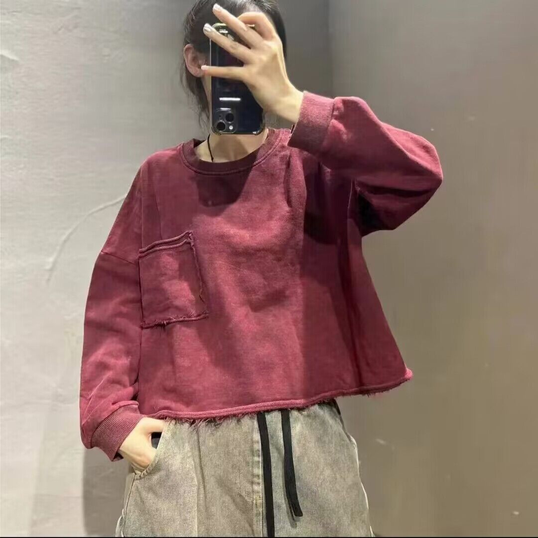 炒色毛圈薄款卫衣女 2024春夏新品文艺复古拼接贴布宽松显瘦短t恤