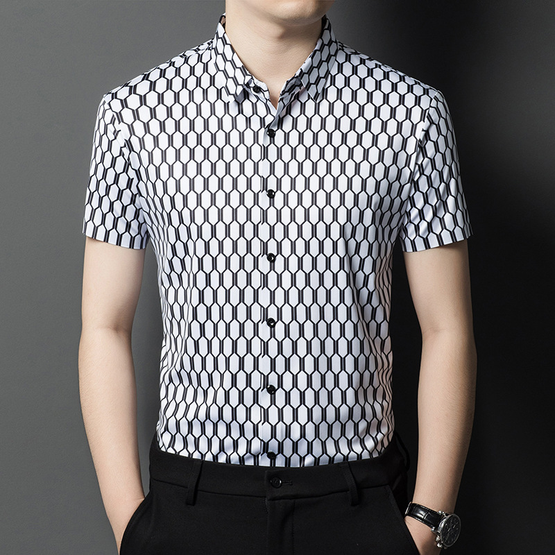 夏季短袖桑蚕丝衬衫男士新款翻领中年时尚印花丝绸男衬衣宽松男装