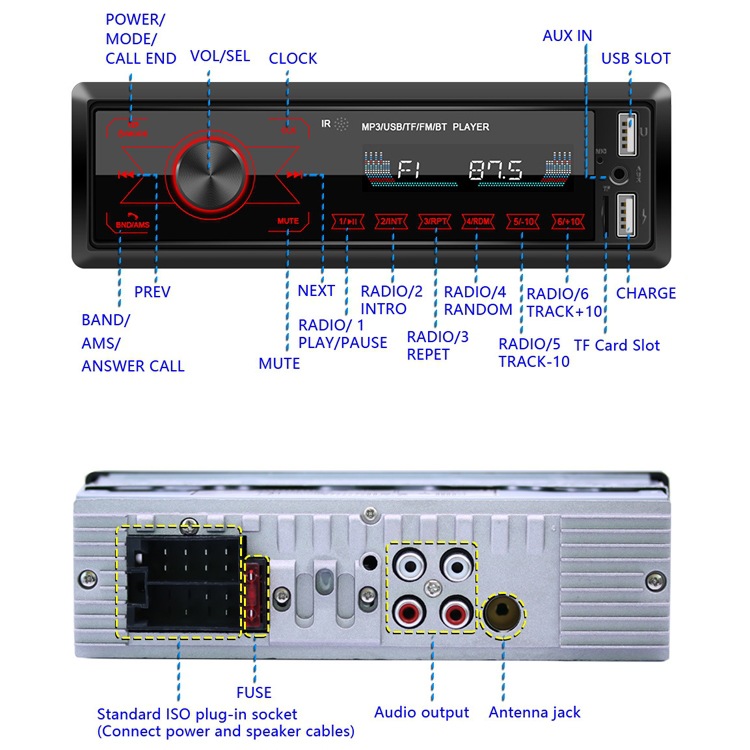 A2818 Vehicle-Mounted Bluetooth Handsfree Call Touch MP3 Player Car Function Dual USB Flash Disk Colorful Light Radio