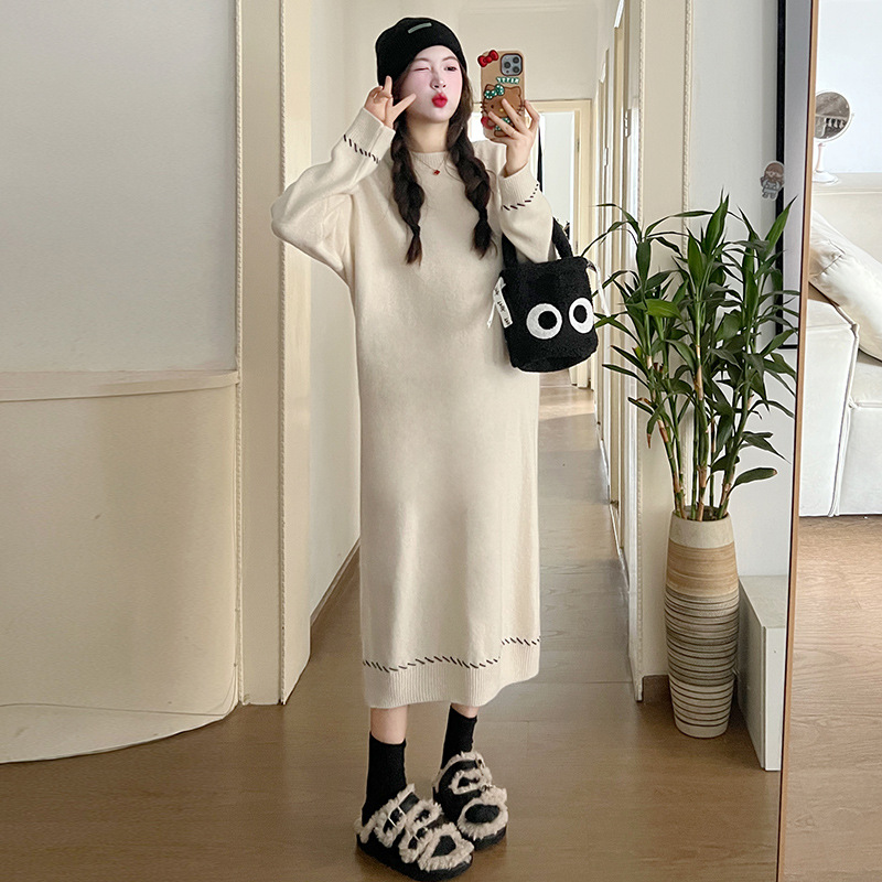 Internet Celebrity Pregnant Women Autumn and Winter Large Size Thickened Knitting Long Dress Gentle Soft Glutinous Loose Design Pullover Dress Sweater
