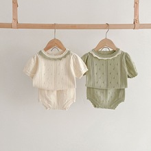 婴儿森系镂空针织短袖短裤套装2023夏季新款韩版女宝宝洋气套装