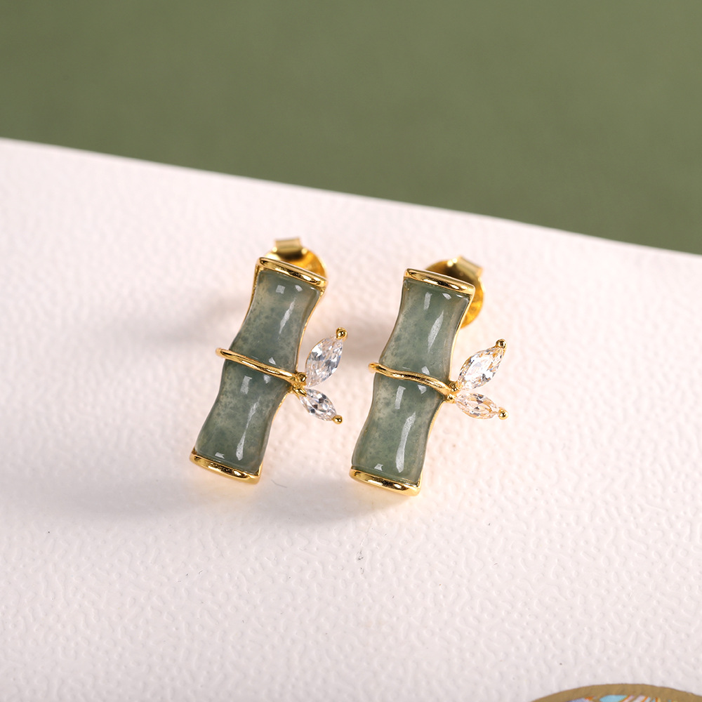 人品银品 时尚女士简约个性耳饰 s925银饰品镶嵌a货翡翠竹节耳钉