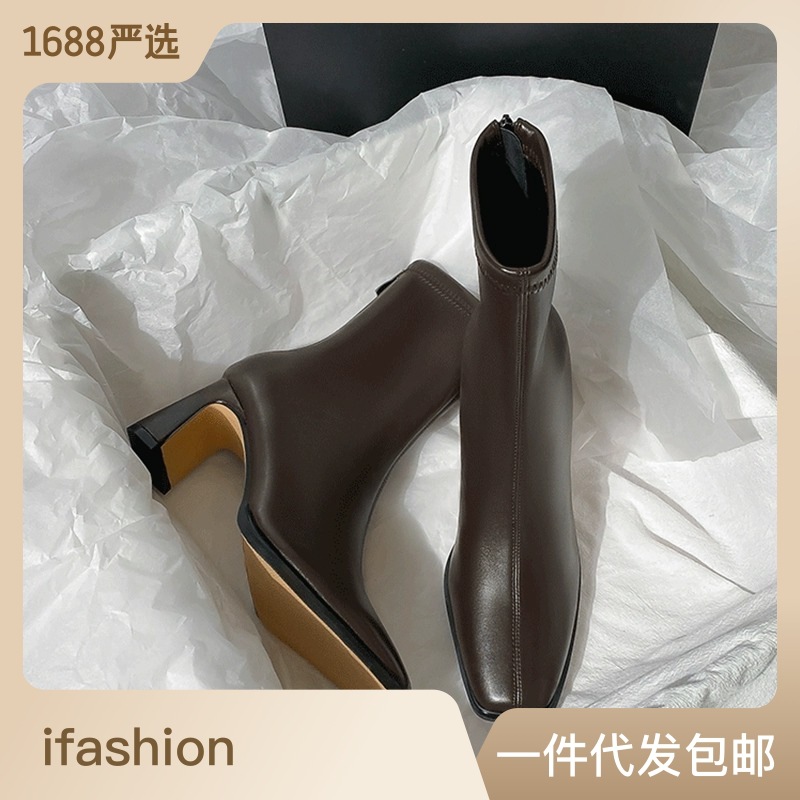 Brown Ankle Boots Women's High Heel Autumn and Winter New Fleece-Lined Thick Heel French Style Small Ankle Boots Back Zipper Elastic Square Toe Skinny Boots