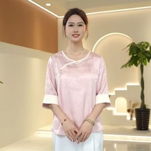 孕妇大码新中式国风设计款T恤圆领盘扣缎面拼接休闲时尚百搭上衣