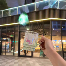 星家巴克木槿花玻璃马克杯 350ml容量玻璃质感晶莹剔透咖啡杯水杯