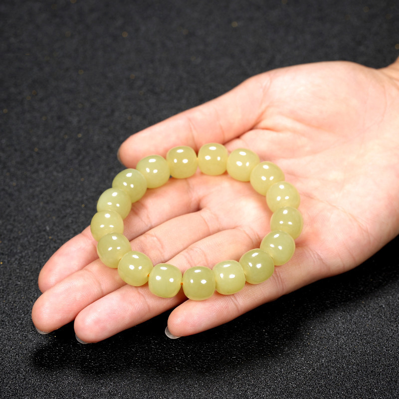 和田玉老型珠黄口料手链 且末料青黄色和田玉手串批发女款