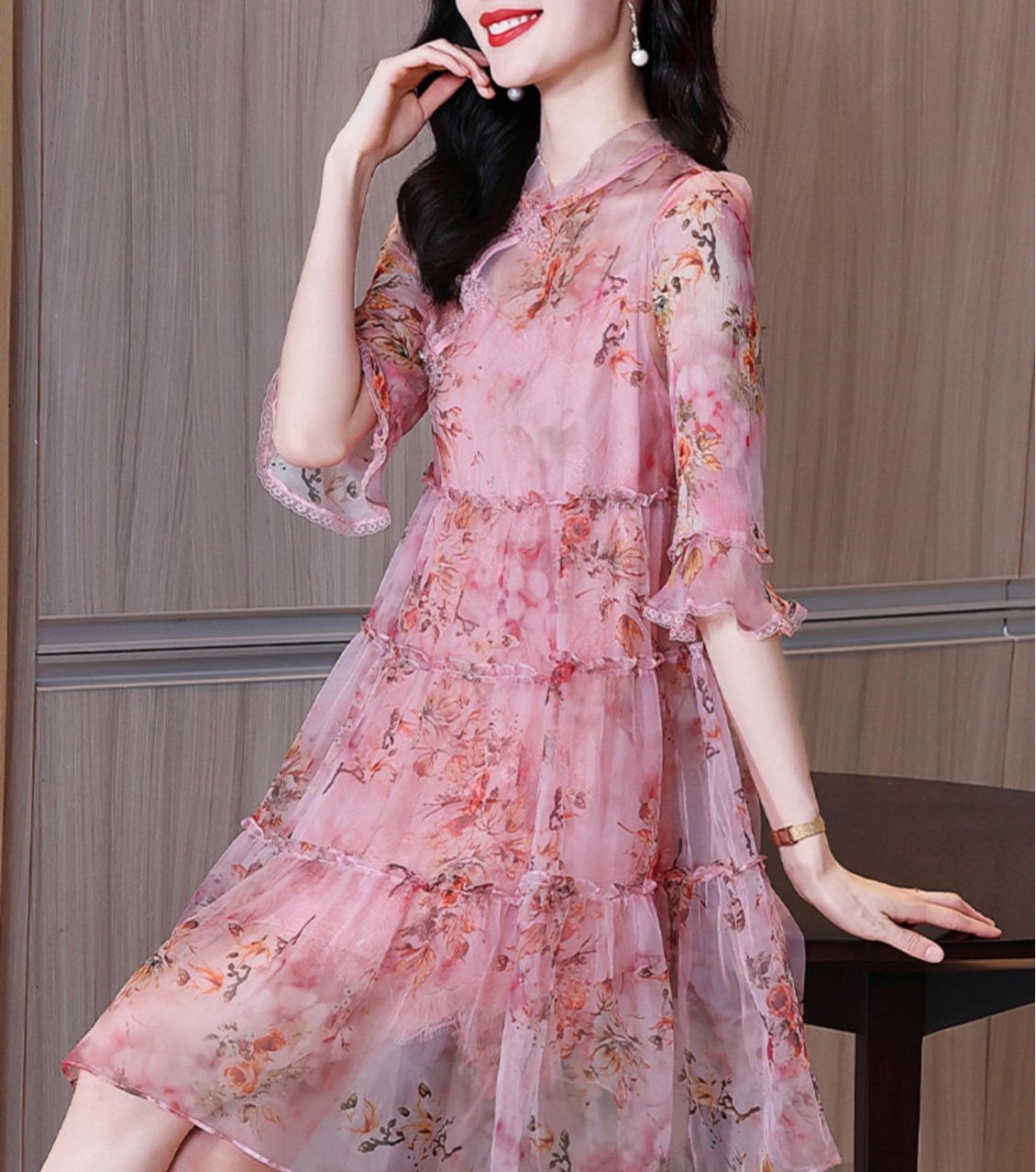 2022真丝圆领中长裙夏日气质通勤懒人粉色套头印花高腰连衣裙529