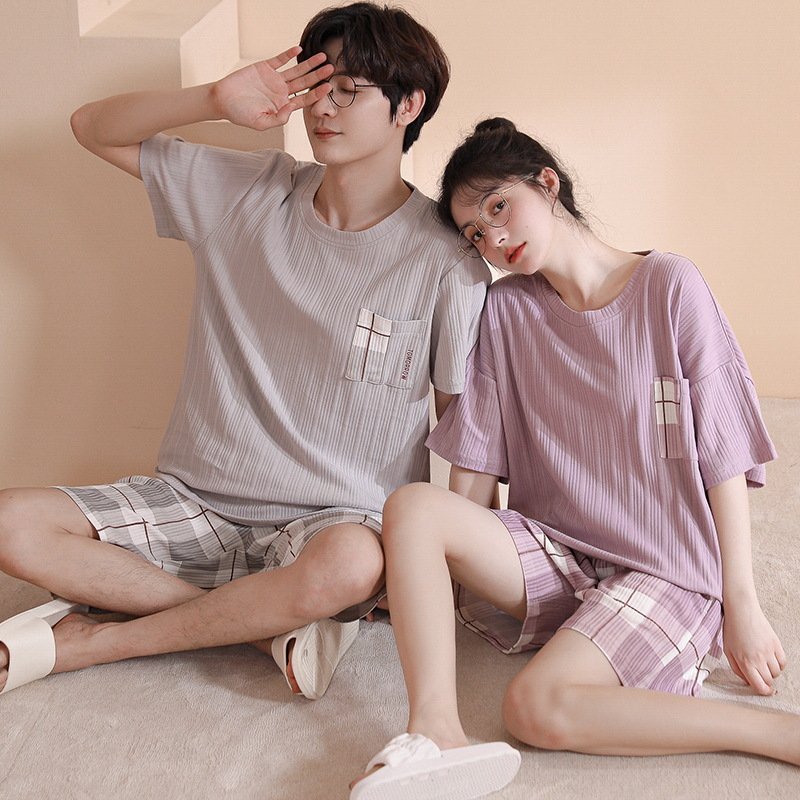 Summer Couple Pajamas Women's Summer Cotton Summer Short-Sleeved Shirt and Shorts Men's Cartoon New Homewear Suit Women's Non-Printed