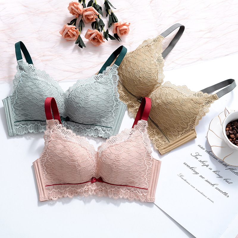 时尚撞色设计中厚聚拢蕾丝无钢圈文胸柔软贴身收副乳调整型内衣女