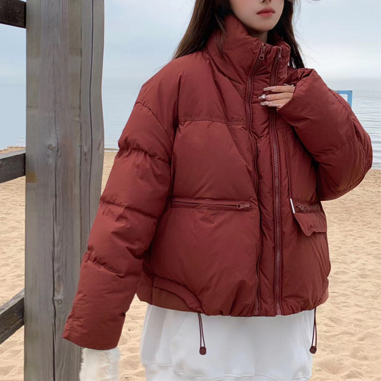 新品时尚休闲90白鸭绒羽绒服女 宽松下摆抽绳加厚外套-阿里巴巴
