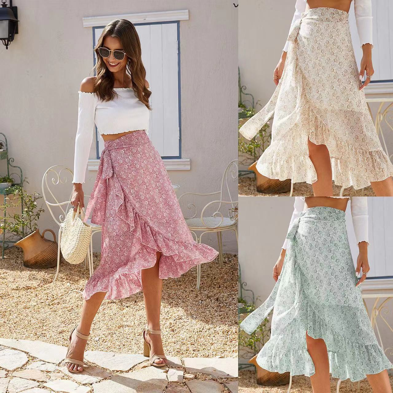 Spot Foreign Trade Women's Clothing Cross-Border Amazon Independent Station Lace-up Split Irregular Chiffon Skirt Floral