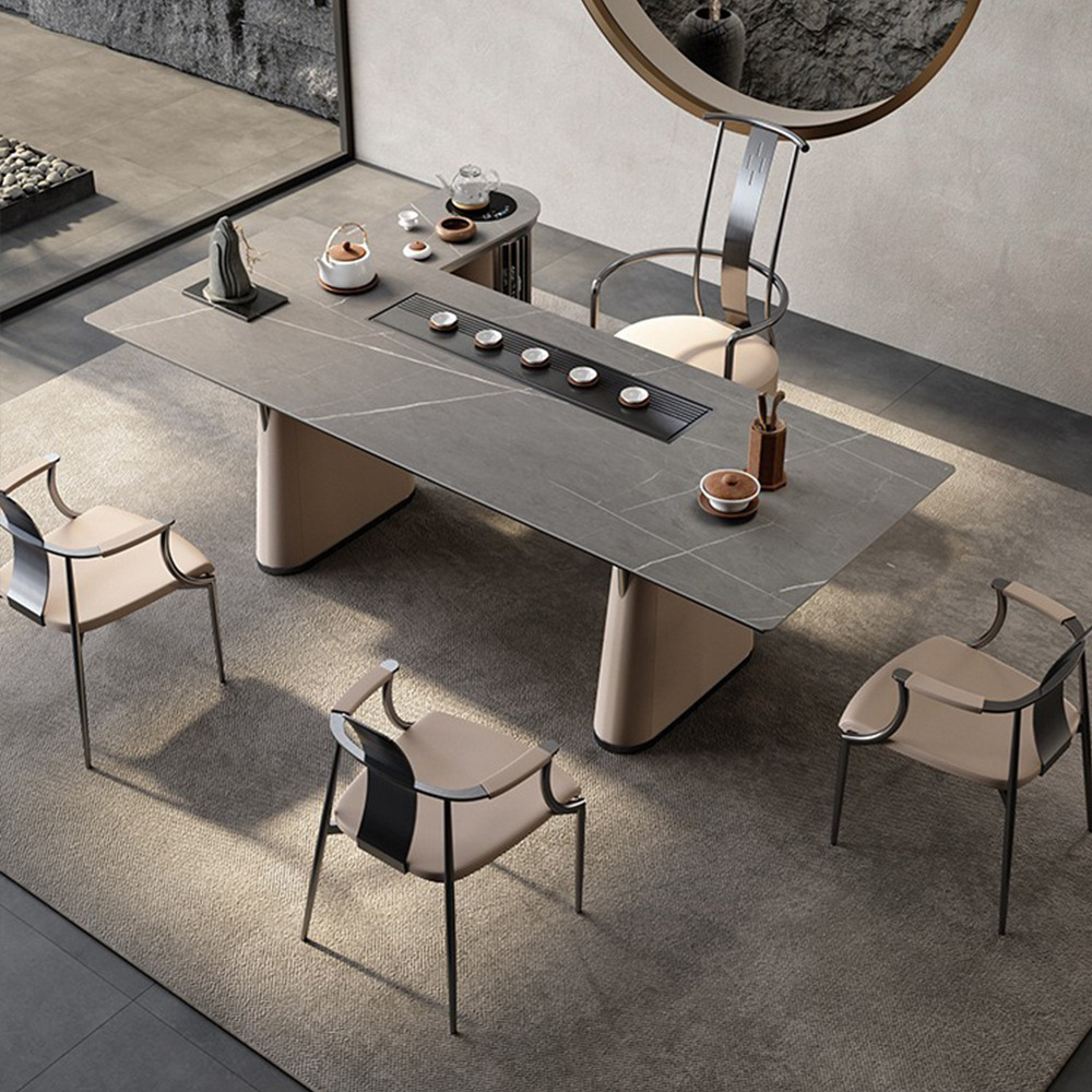 岩板茶桌椅组合现代简约泡茶桌办公室书桌不锈钢高档功夫大板茶台
