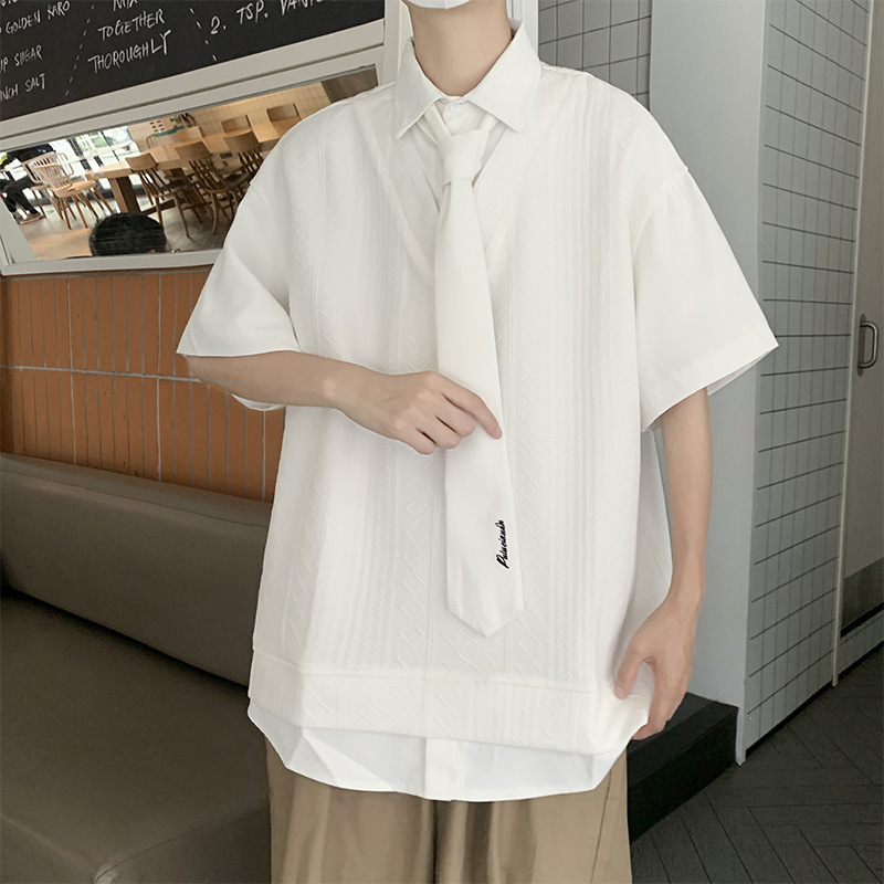 假两件短袖衬衫男夏季韩版宽松潮流ins纯色休闲百搭五分袖衬衣服