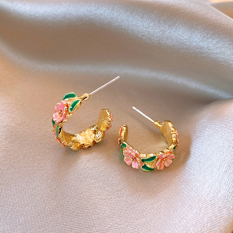 Silver Needle Pink Oil-Spot Glaze Flowers round Studs Sweet Fashion Girl Heart Ear Ring Commuter's All-Matching High-Grade Earrings