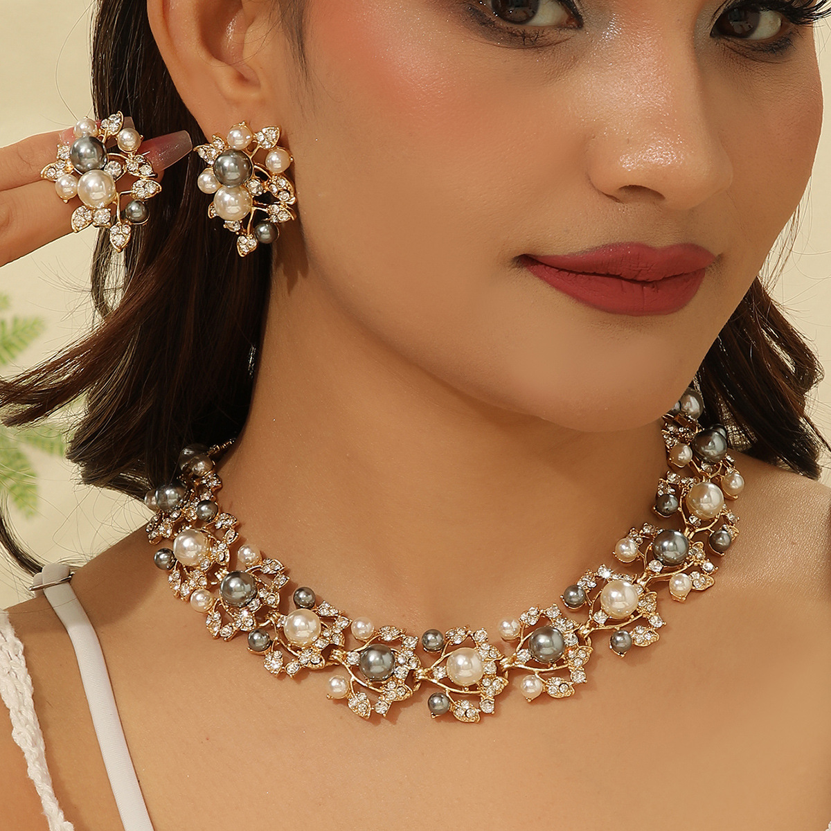 彩色珍珠欧美亚马逊女士耳环项链现货首饰套装-阿里巴巴