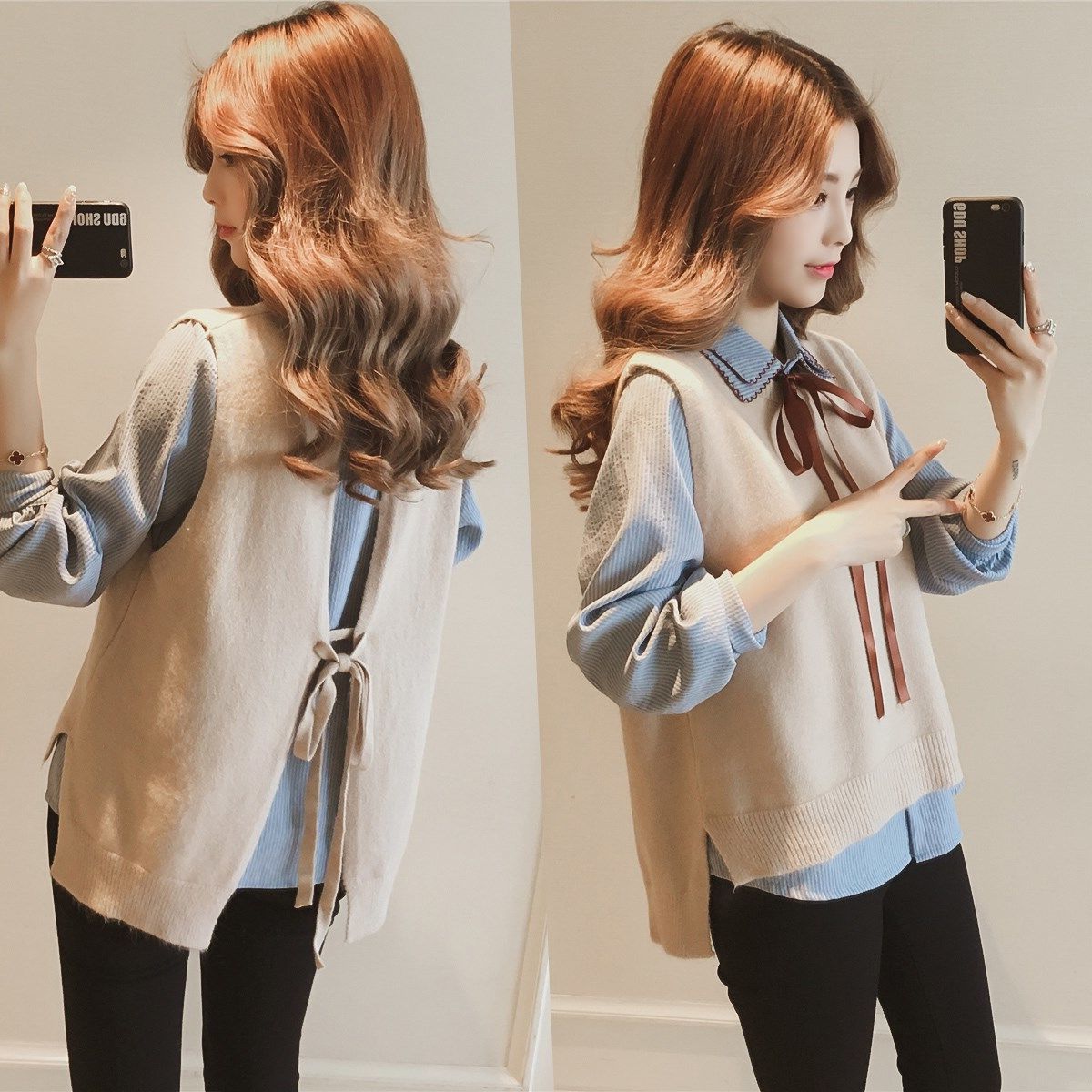 韩版长袖打底衫上衣衬衫马甲两件套宽松衬衣潮二件套装女减龄中年女装