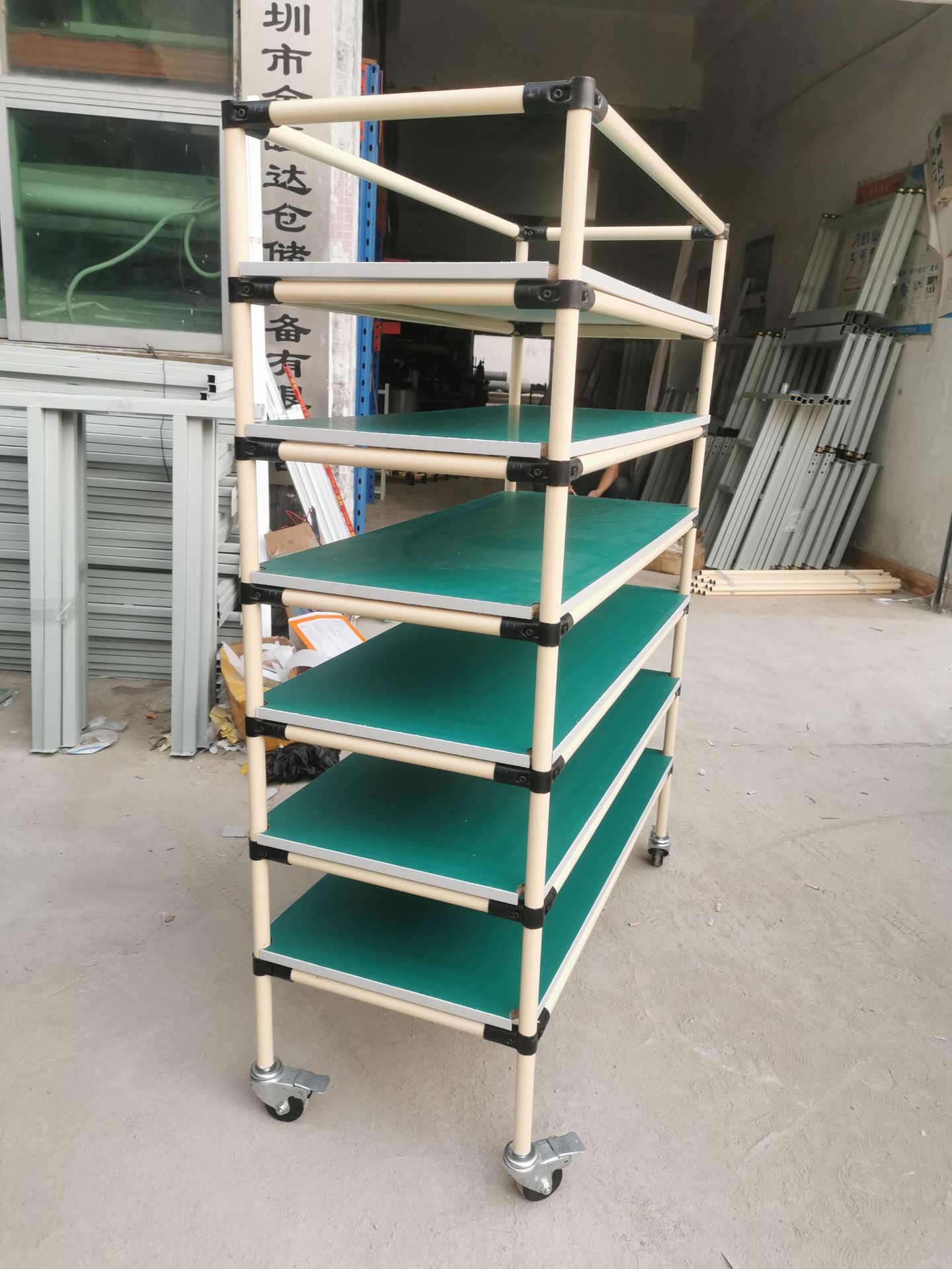 防静电周转车物料架 无尘车间手推工具车 精益管移动带轮工作台