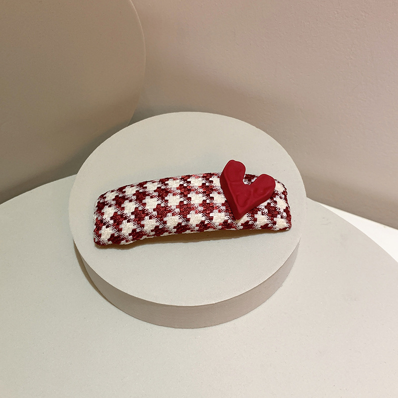 New Year Red Hair Accessories Artistic Retro Houndstooth Wine Red Shaped Heart Geometric Sponge BB Clip Cute Girl Side Clip