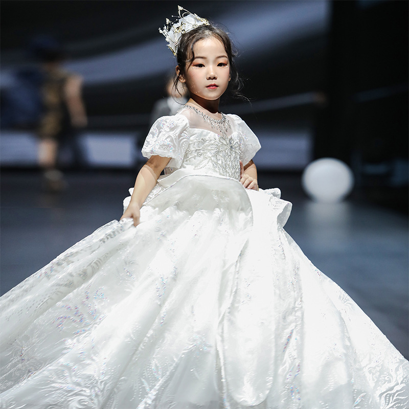 儿童礼服公主裙女童花童婚纱裙拖尾小女孩高端模特走秀钢琴演出服