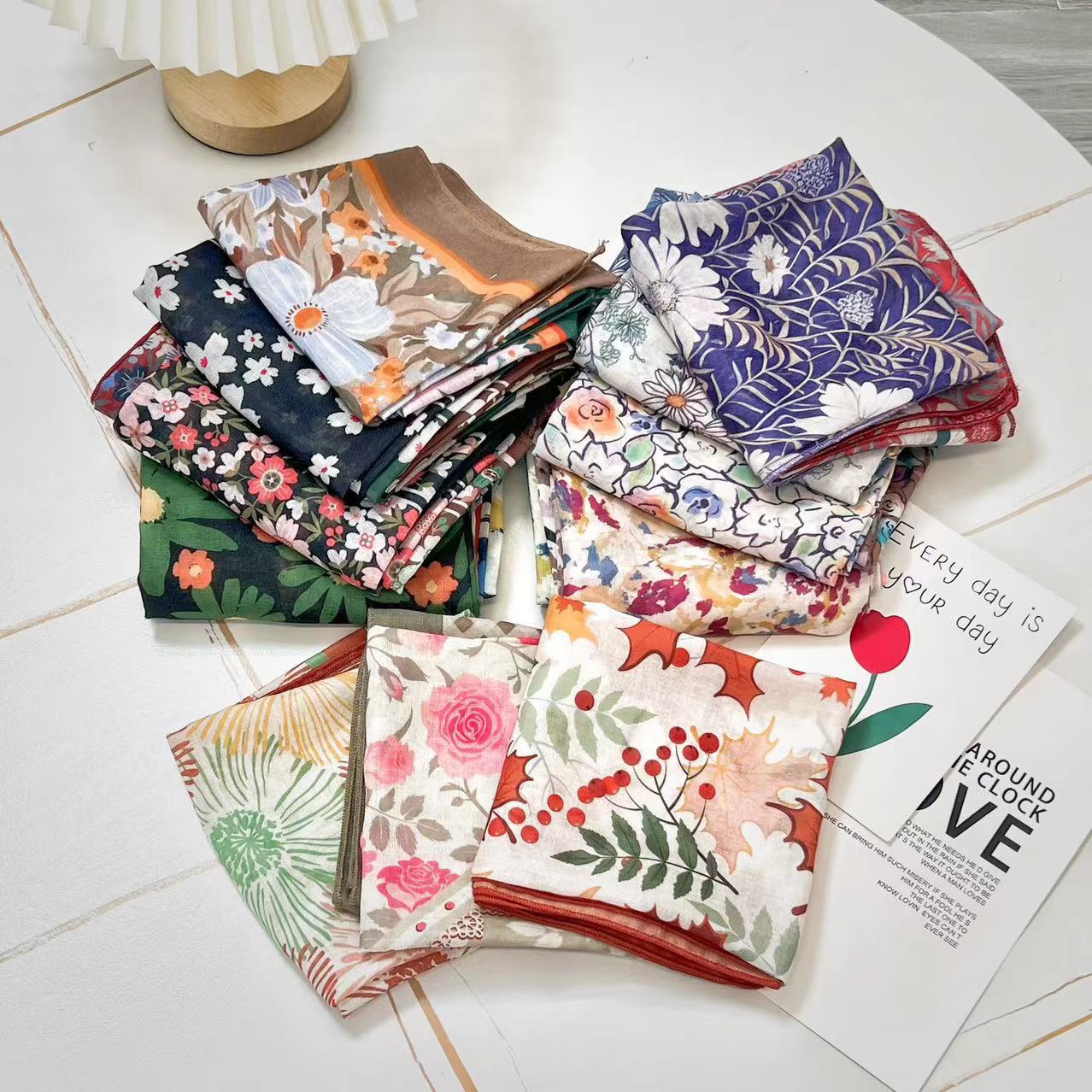 Japanese and Korean Four Seasons Flowers Floral Cotton and Linen Square Scarf Small Fresh Flower Decorative Hair Band Headscarf All-Match Travel Photo Thin