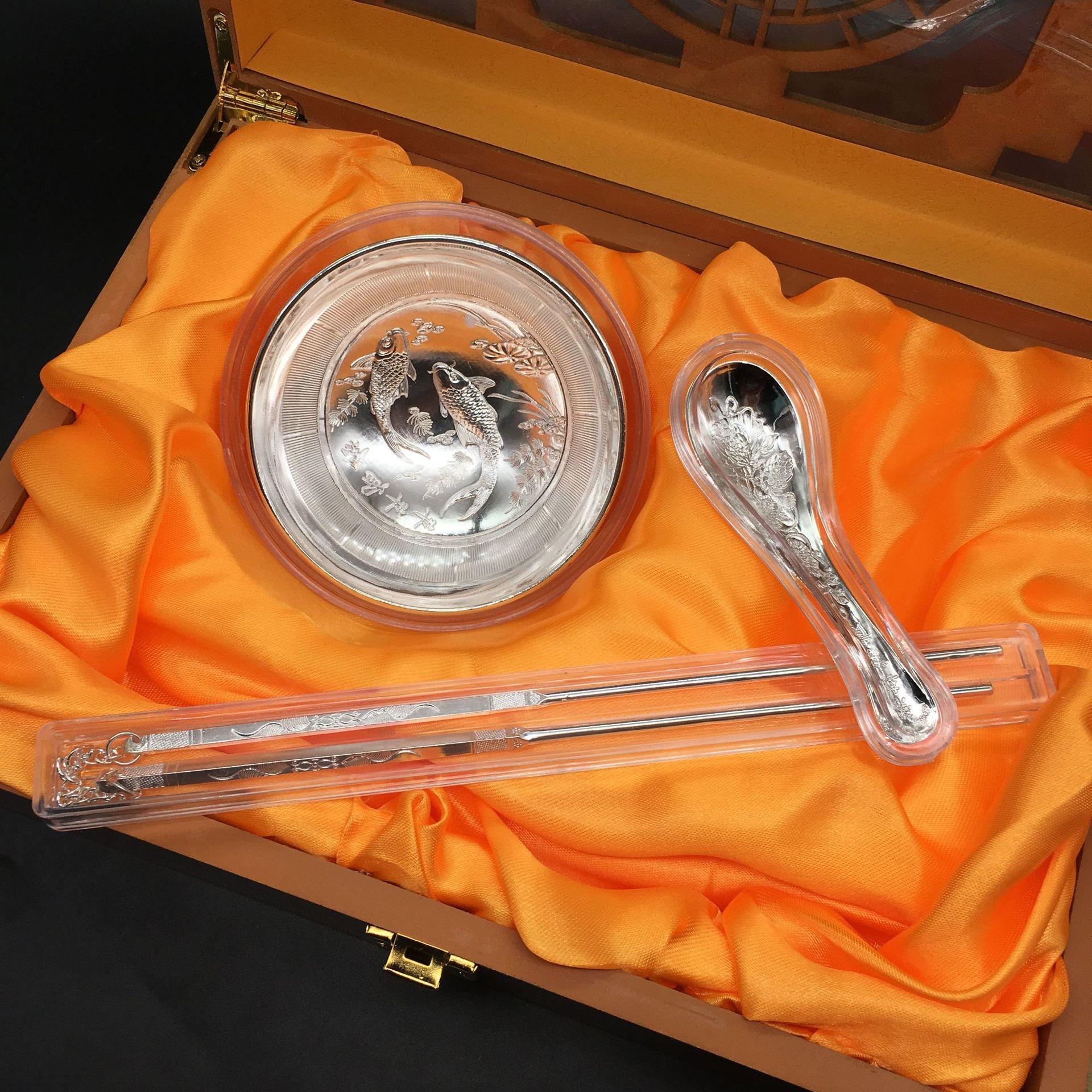 聚福三宝银碗 银筷子银勺三件套会销活动银行保险公司礼品随手礼