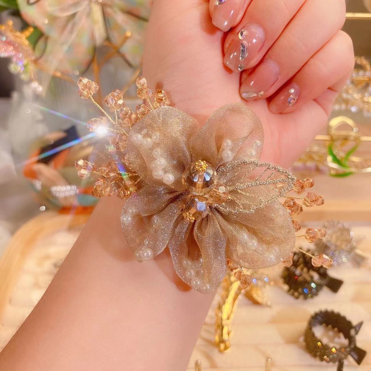 Platinum Siya TikTok Same Style Star Sea Flower Light Luxury Fabric Crystal Hair Tie Hair Accessories Headdress Flower Headband