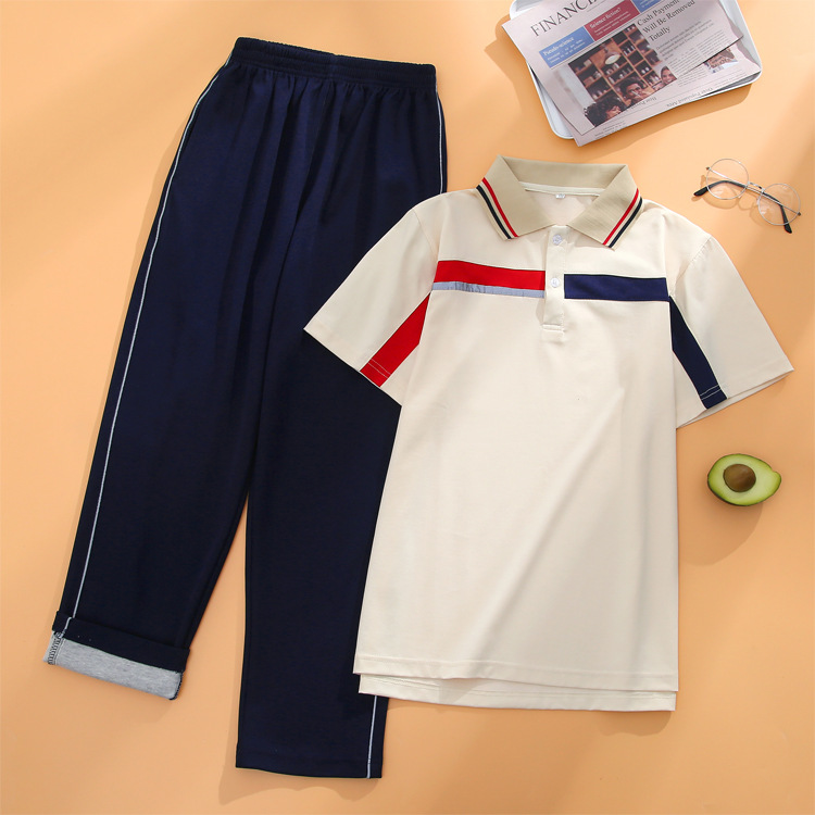 新款夏季中小学生校服套装男女撞色短袖长裤班服套头翻领校园团服