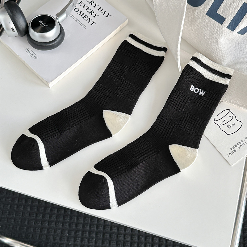 Zhuji Socks Women's Mid Tube Stockings Spring and Summer Thin Bunching Socks Black and White All-Match Double Needle Cotton Socks for Women Long Socks Wholesale