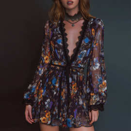 独立站欧美跨境秋季新款女装领长袖束腰欧根纱气质连衣裙短