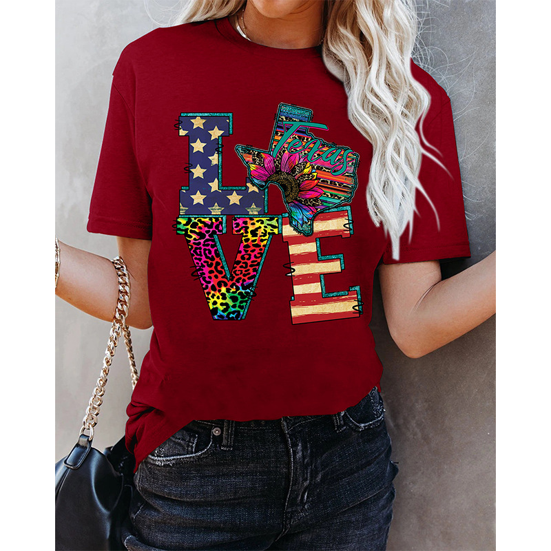 跨境欧美爆款夏季女装 新款圆领短袖t恤女 love情人节款印花上衣