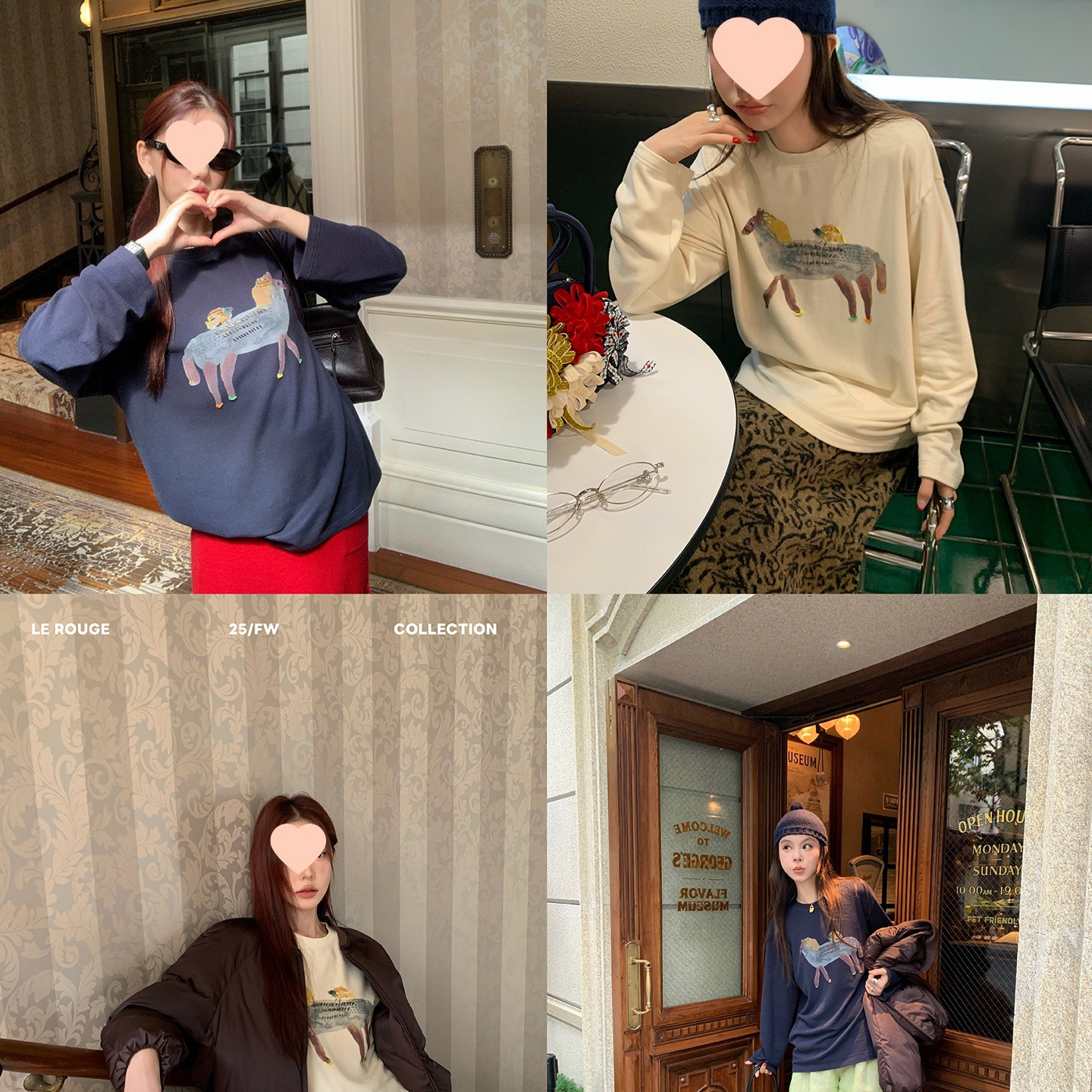 le rouge周美美 趣味小马驹手工钉珠印花磨毛长袖打底T恤