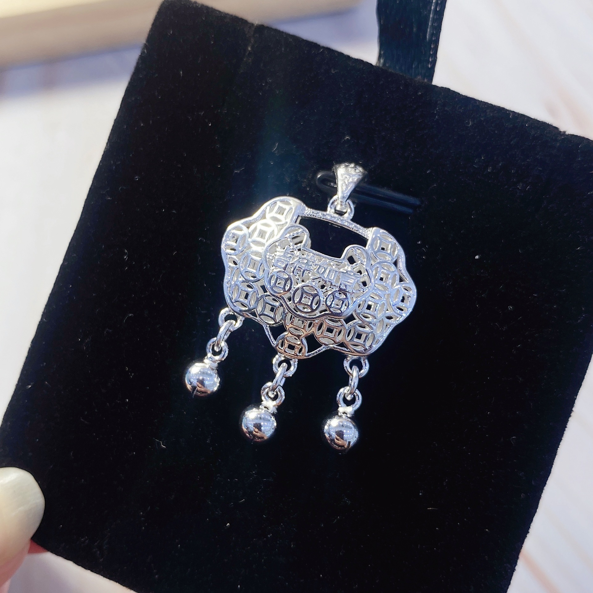 5023号足银999吉祥如意平安锁项链女纯银锁包吊坠长命锁银饰珠子