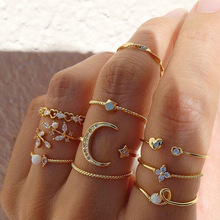 跨境热销 欧美个性戒指组合 10个装月亮星星树叶爱心关节戒指套装