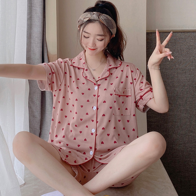 One Piece Dropshipping Summer Pajamas Women's Short-Sleeved Shorts Lapel Two-Piece Suit Home Wear Student Korean Style Japanese Style Ins