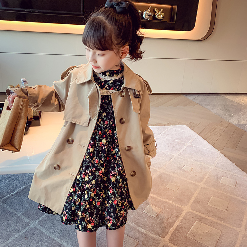 女童风衣中长款儿童外套202新款英伦风双排扣翻领秋装小女孩上衣