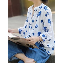 日韩棉麻衬衫女夏秋薄款设计感小众印花文艺复古上衣气质碎花日系