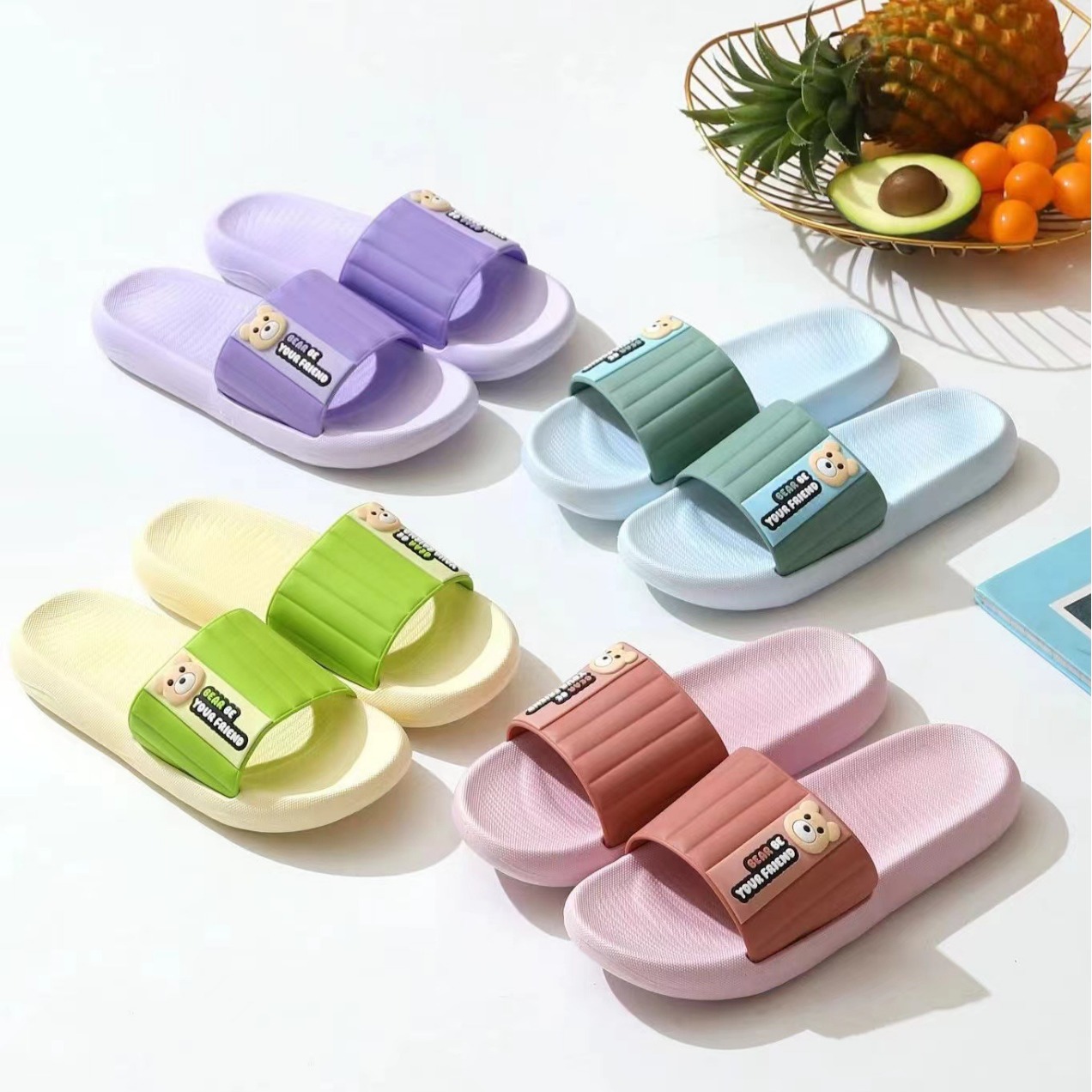 24批发家居拖鞋款女款一字拖 室内外pvc拖鞋 滴塑面卡通情侣拖鞋