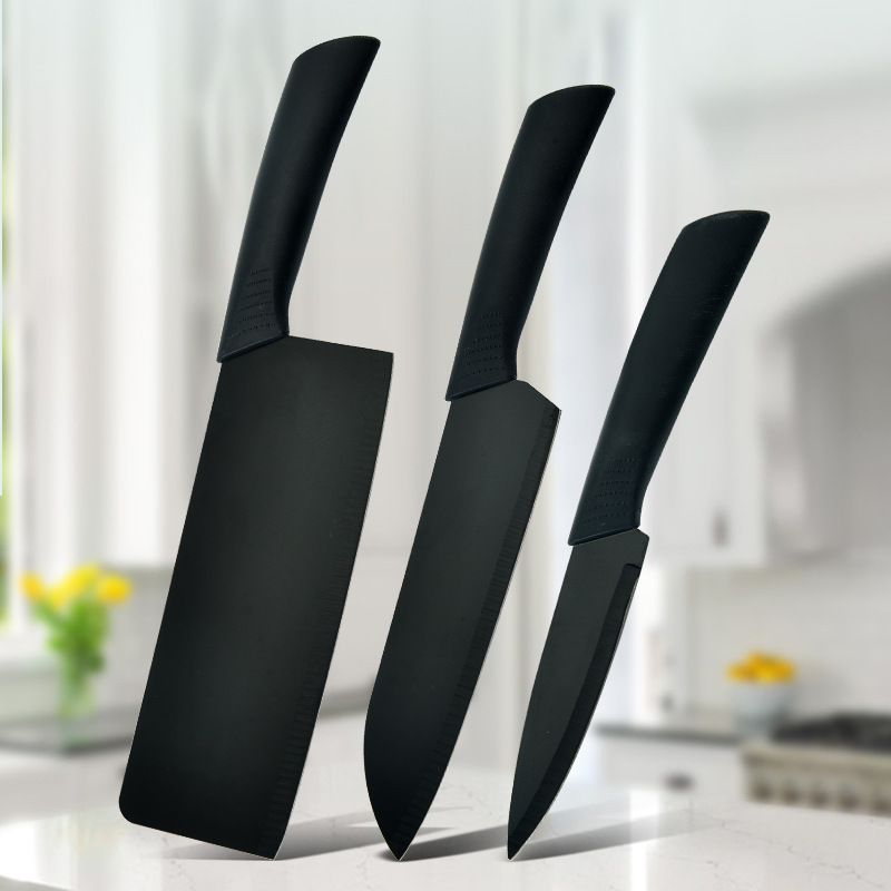 黑刃三件套白盒装3cr13不锈钢菜刀厨房组合陶瓷手柄刀具套装喷漆