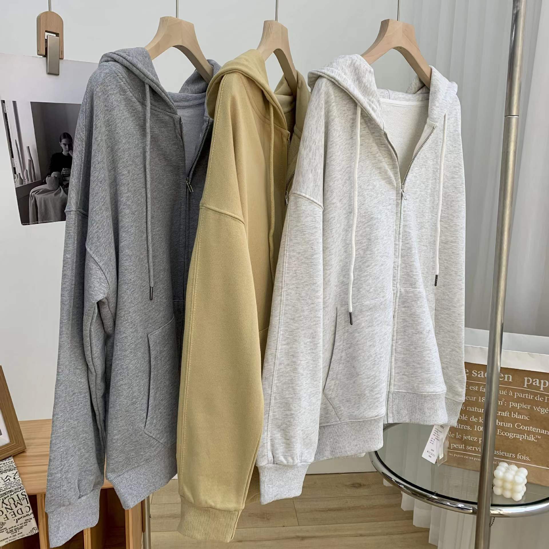 纯色光板毛圈棉连帽卫衣女宽松休闲bf风百搭显瘦拉链开衫春款外套