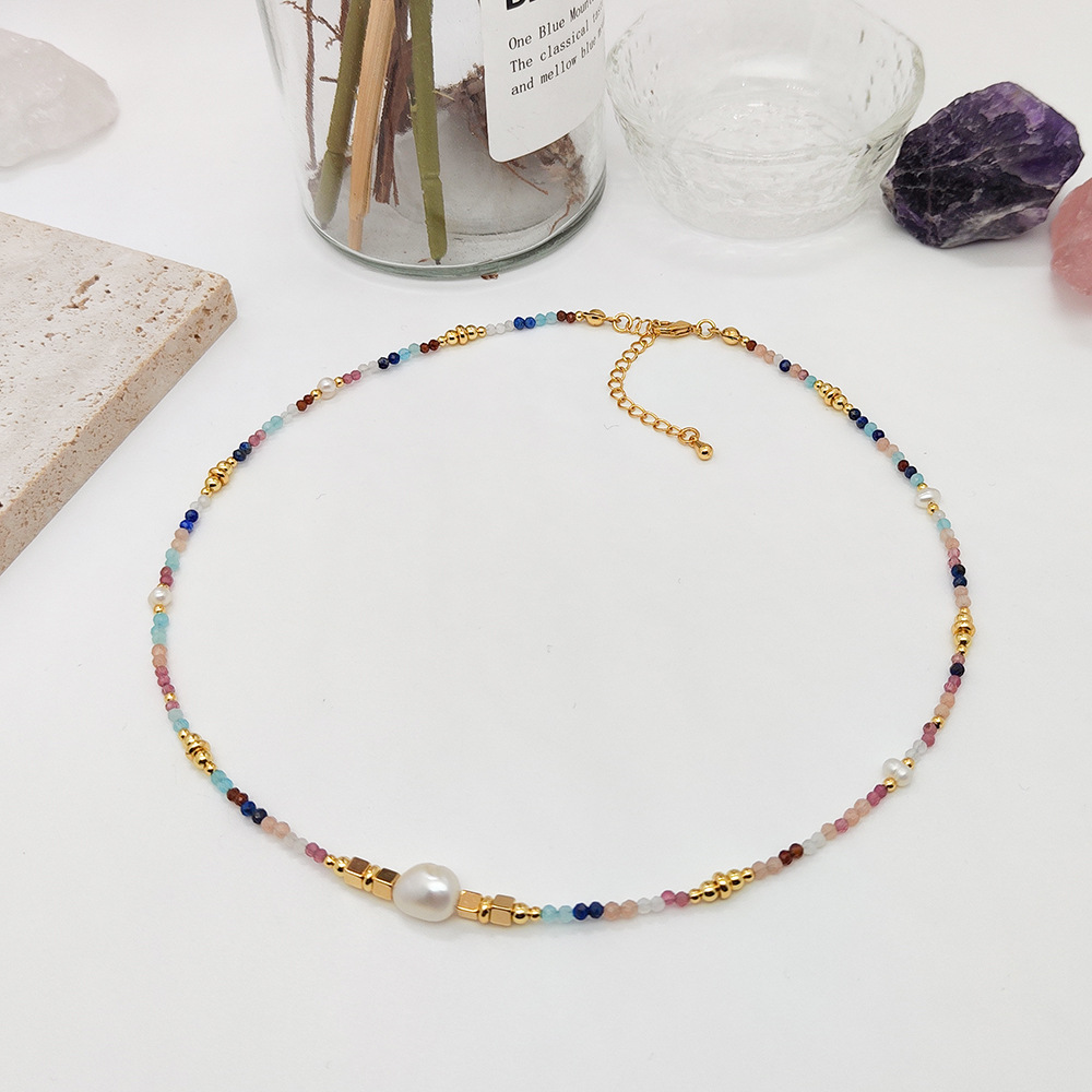 欧美饰品小众ins风彩色天然石编织串珠锁骨链叠戴天河石项链女生