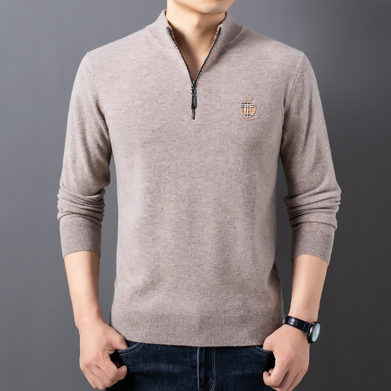 中年男士羊毛衫男100纯羊毛加厚毛衣半高领拉链打底衫潮