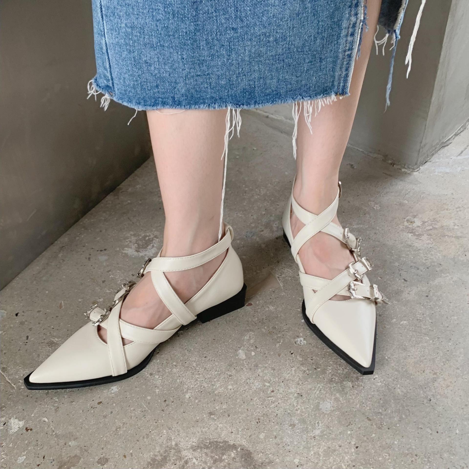 韩版潮流2022秋季当季新品罗马鞋交叉绑带单扣子鞋粗跟女单鞋子