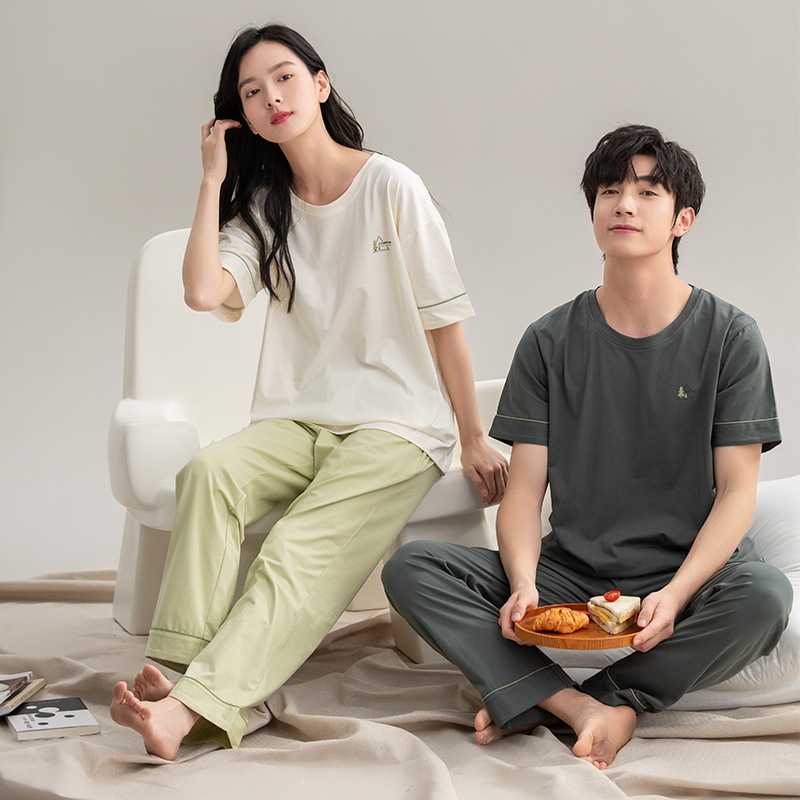 couple pajamas summer pure cotton short-sleeved trousers for men and women summer 2024 new simple home wear spring and autumn