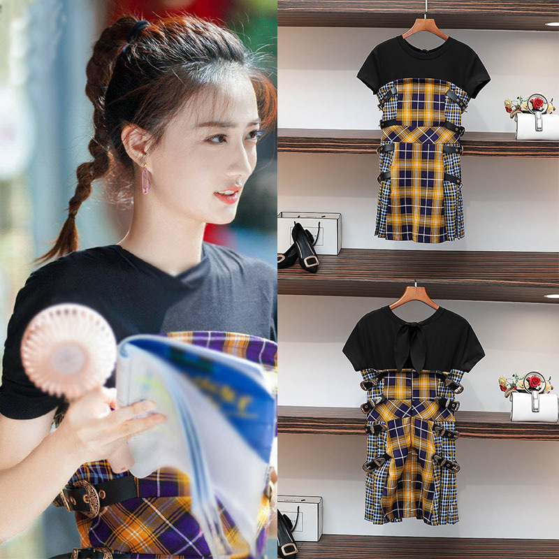 若你安好便是晴天莫菲徐璐同款假两件格纹拼接撞色皮扣收腰连衣裙