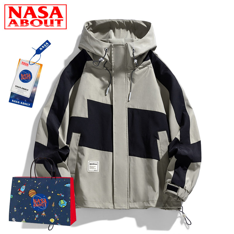 nasa联名男女防水简约撞色连帽夹克春秋季休闲外套工装情侣上衣