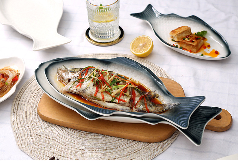 北欧个性鱼盘创意餐盘家用菜盘子装鱼盘子陶瓷餐具蒸鱼盘